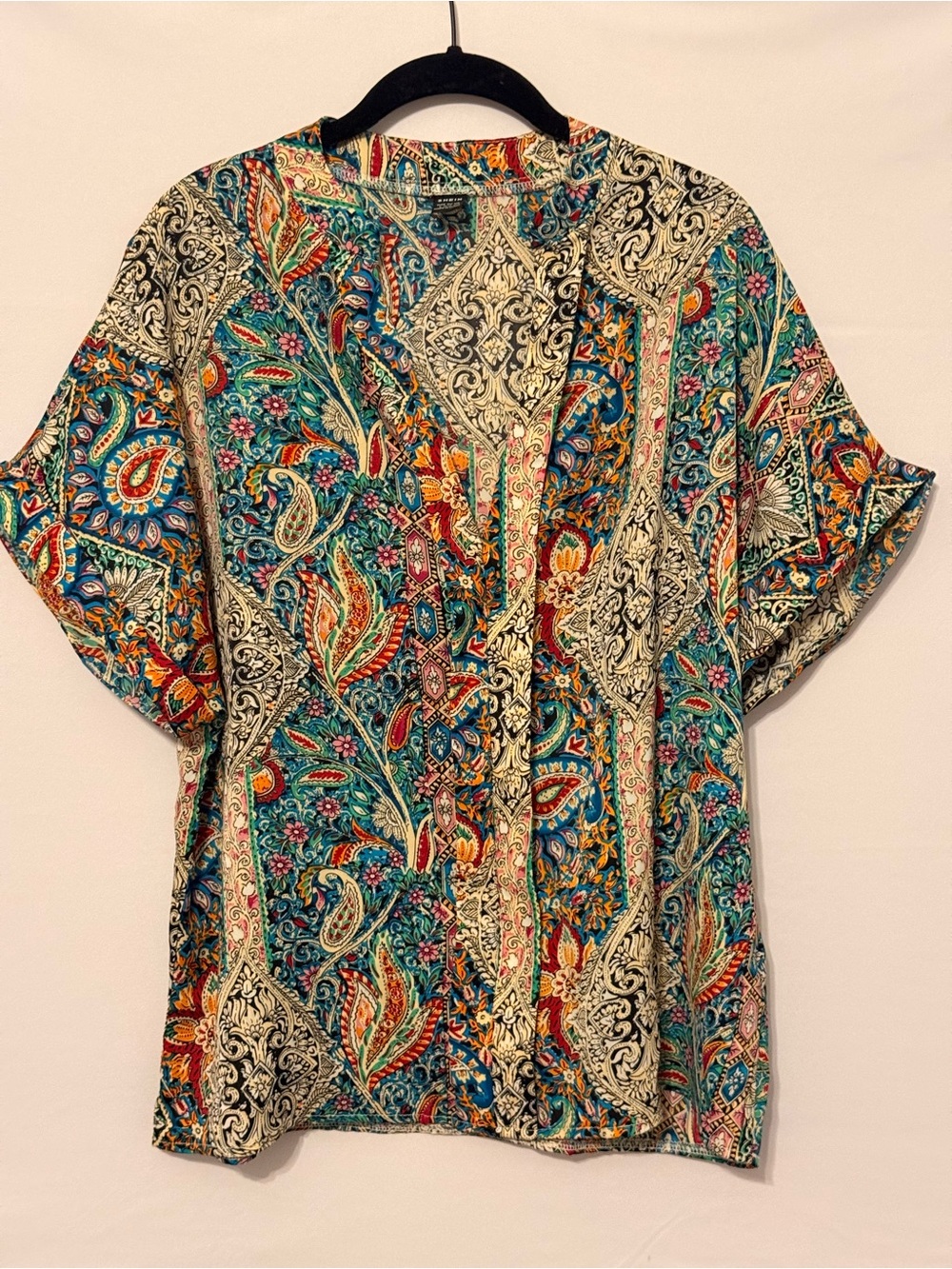 SHEIN Teal Paisley Button-Down Short Sleeve Shirt with Cream Accents